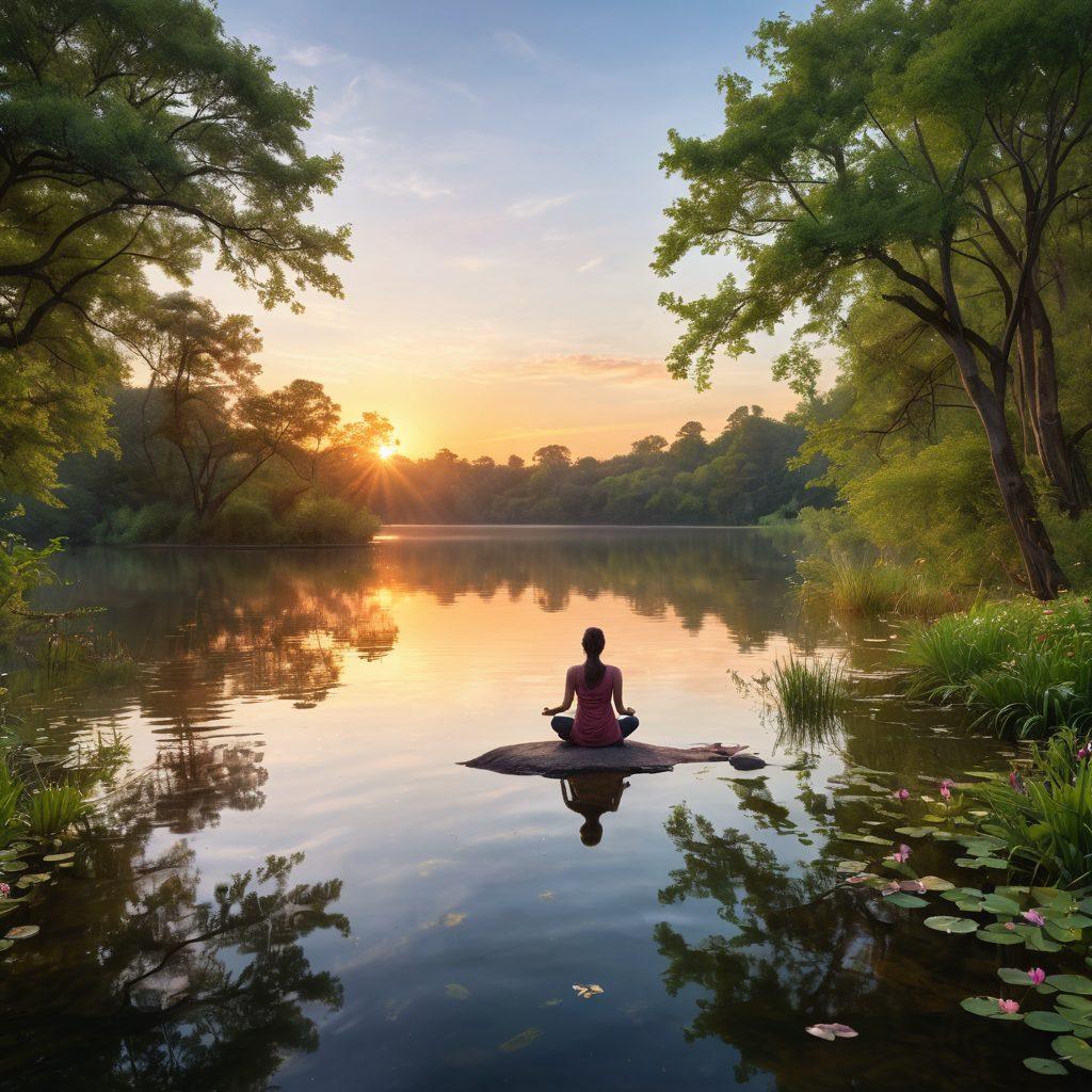 A serene landscape featuring a tranquil lake surrounded by lush greenery, with soft light filtering through the trees. A person is meditating at the water's edge, embodying calmness and serenity. Subtle vibrant colors reflect joy and optimism, with hints of blooming flowers in the foreground. The sky transitions from dawn to sunrise, symbolizing new beginnings. super-realistic. vibrant colors. tranquil ambiance.