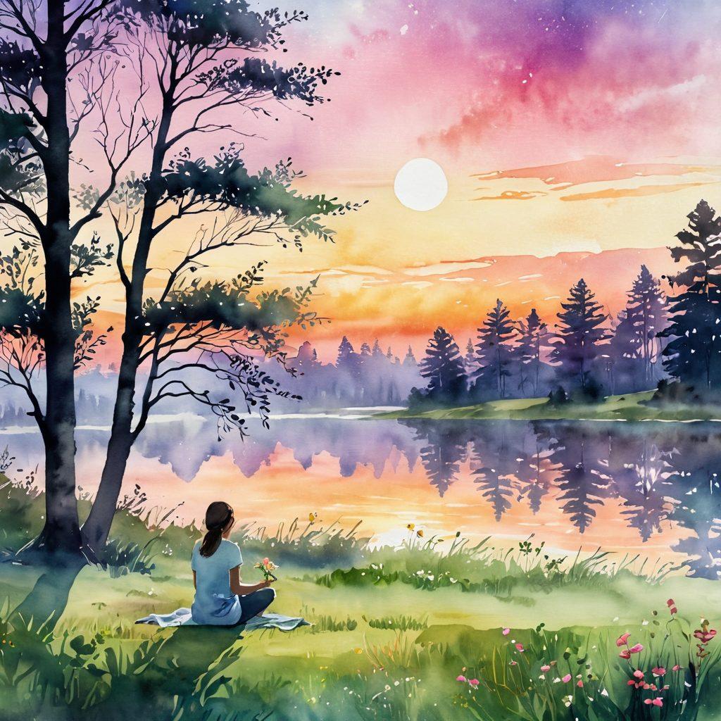 A serene landscape depicting a peaceful meadow at sunrise, with a single blooming flower symbolizing contentment. In the foreground, a person sits in quiet reflection, surrounded by nature's beauty. Soft, ethereal light filters through the trees, casting gentle shadows. The sky should be painted in warm hues of orange and pink, signifying extraordinary moments. watercolor art style. vibrant colors. tranquil atmosphere.