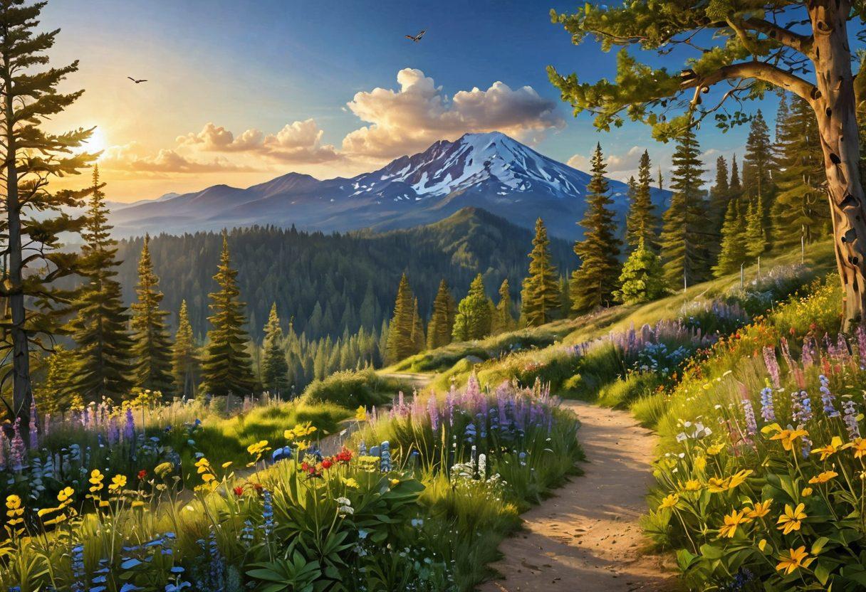 A serene landscape featuring a winding path through a lush forest, illuminated by golden sunlight filtering through the trees. Along the path, vibrant wildflowers bloom and butterflies flutter, symbolizing joy and contentment. In the background, distant mountains rise under a tranquil blue sky. A person is seen walking along the path, embodying a sense of peace and exploration. dreamy and ethereal. vibrant colors. 3D.